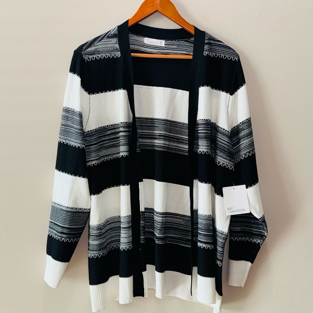 89th Madison New Women Striped Open Front Black White Cardigan Sweater, 2x — image 6 of 8